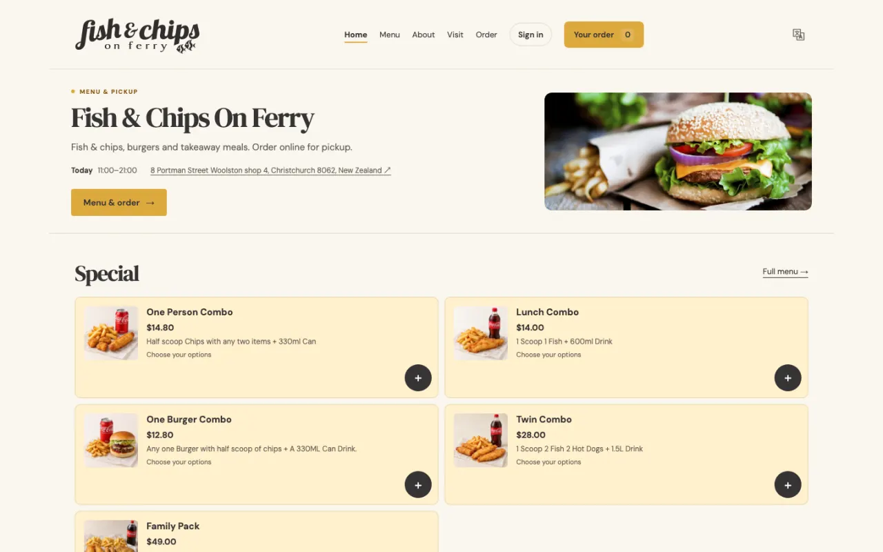 Fish & Chips On Ferry 网站首页的特价套餐与在线订餐