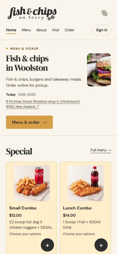 Mobile view of the Fish & Chips on Ferry sample website, with restaurant information and menu specials