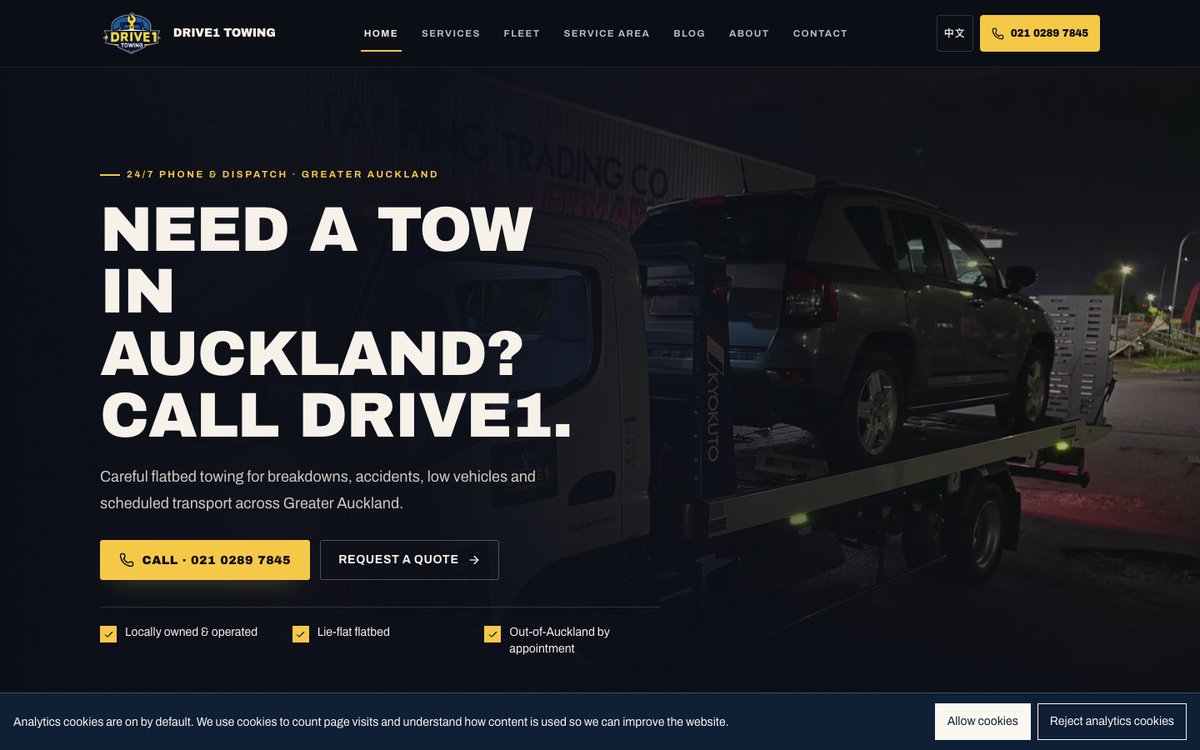 Drive1 Towing website screenshot